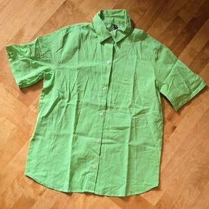 Bright Oversized Lime Green Short Sleeve Button-Up Shirt- Linen Blend -beach